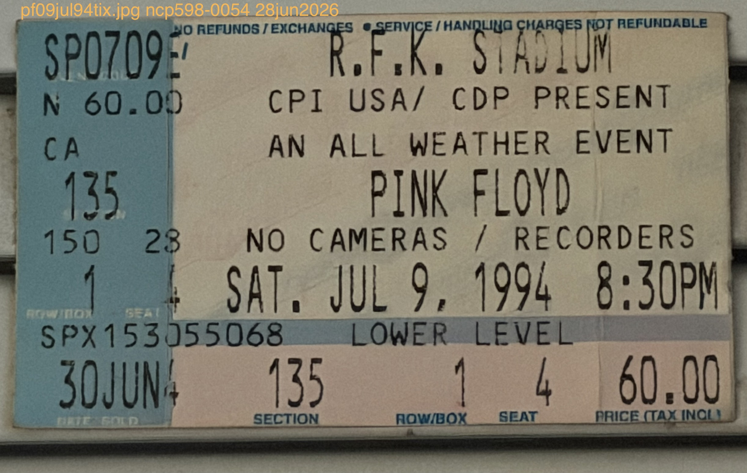 July 09 1994 RFK Ticket Stub