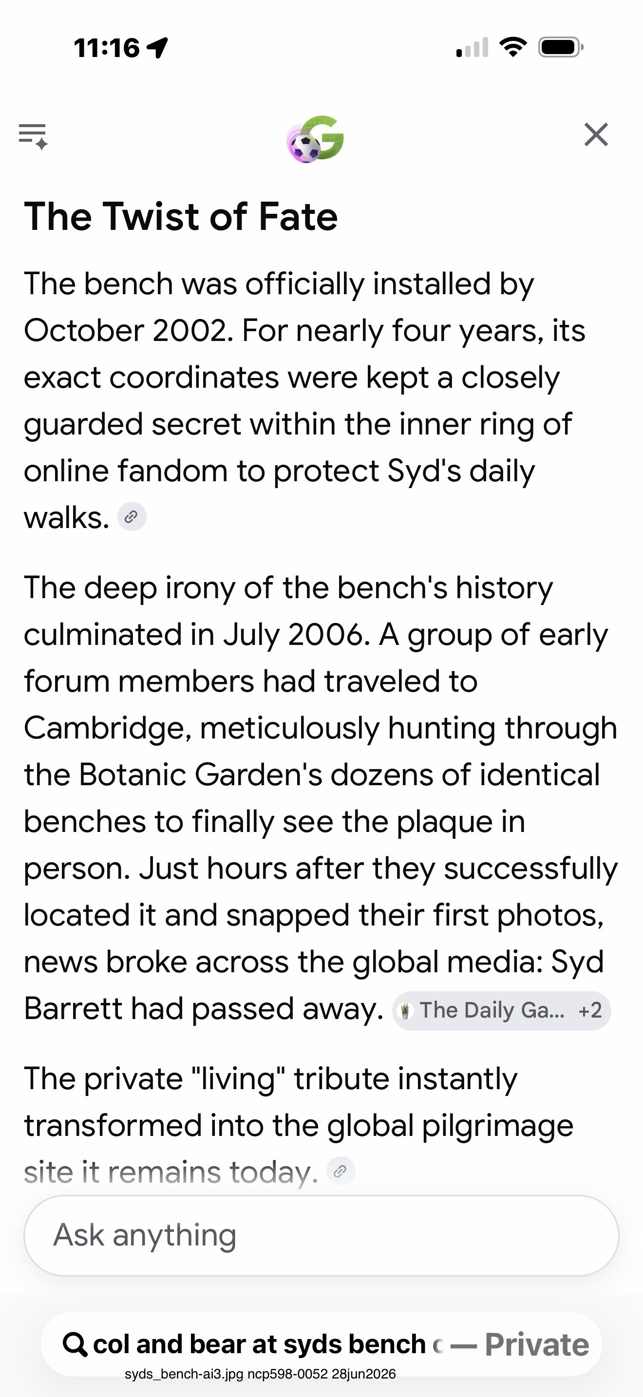 Syd's Bench fate